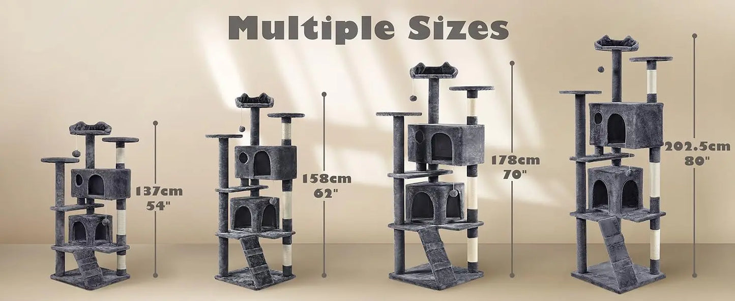Yah 54in Cat Tree,Multi-Level Tower with Kitten-Ear Perch,2 Caves,Scratching Posts,Ladder,2 Plush Balls for Indoor Cats