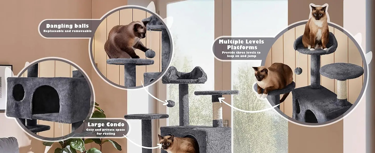 Yah 54in Cat Tree,Multi-Level Tower with Kitten-Ear Perch,2 Caves,Scratching Posts,Ladder,2 Plush Balls for Indoor Cats