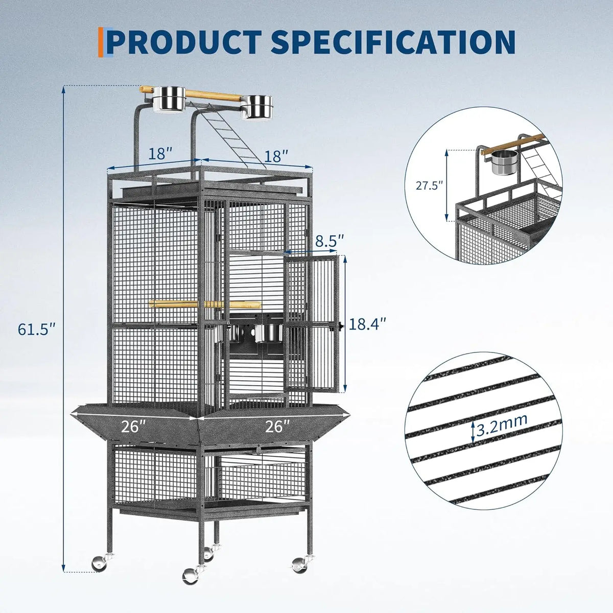 Acekool Large Metal Bird Cage With Play Top And Stand