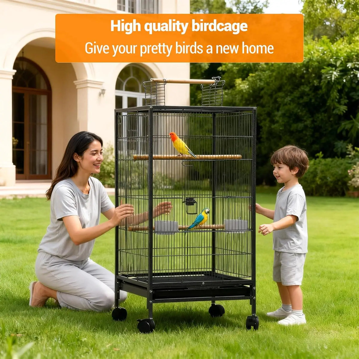 HiMiss Open Top Parrot Cage With Rolling Stand And Tray