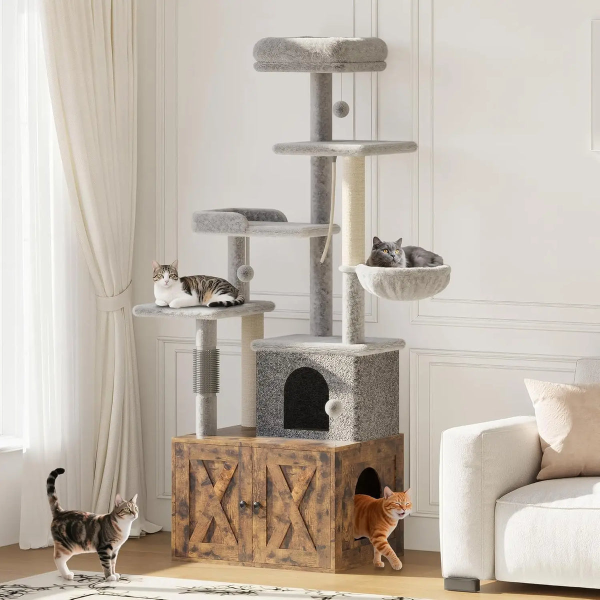HiMISS Wooden Cat Tree With Litter Box Enclosure And Hammock