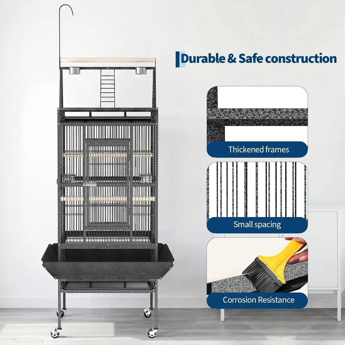 Metal Bird Cage With Removable Tray Stand And Secure Latch
