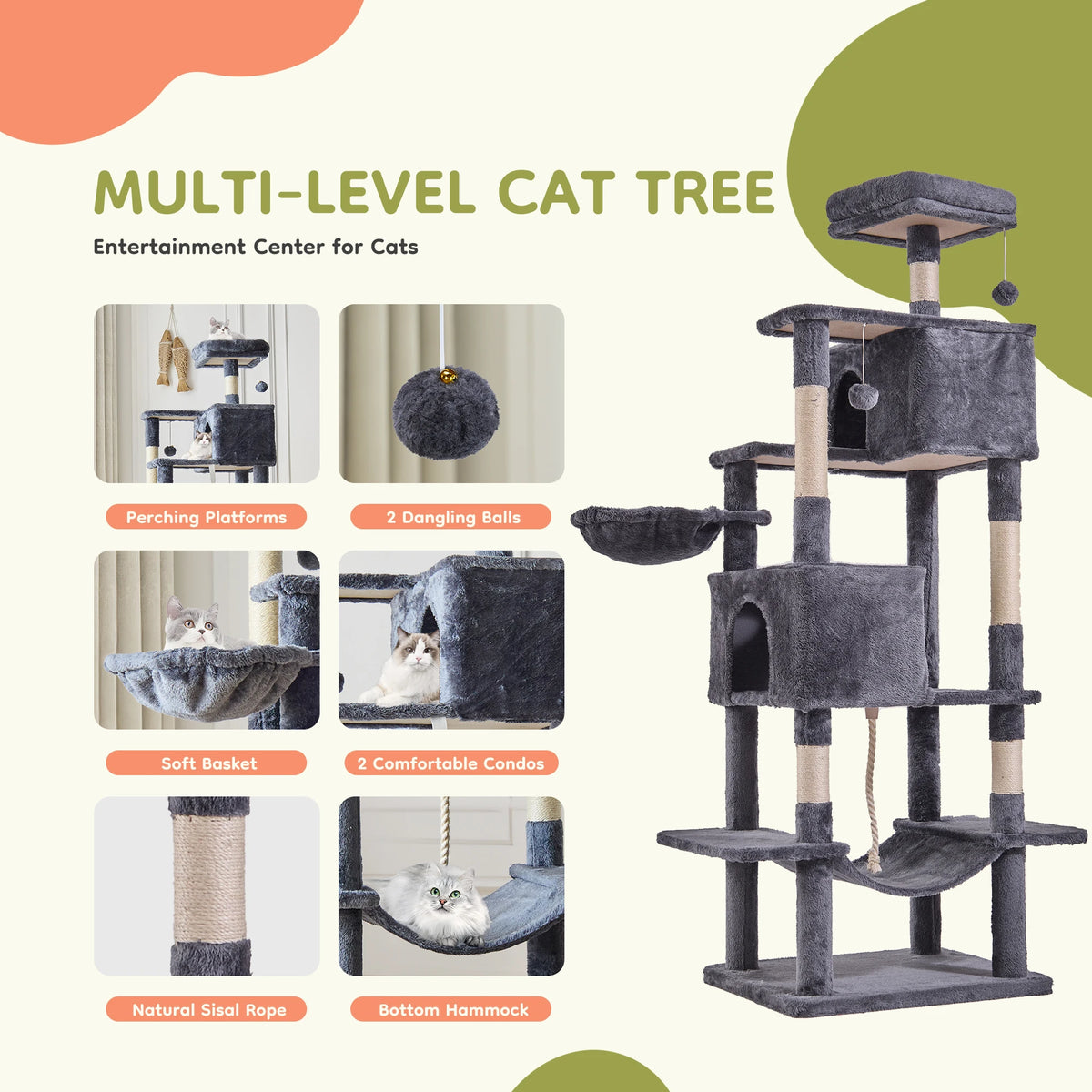 JHK Multi Level Cat Tree Tower With Sisal Scratching Condo