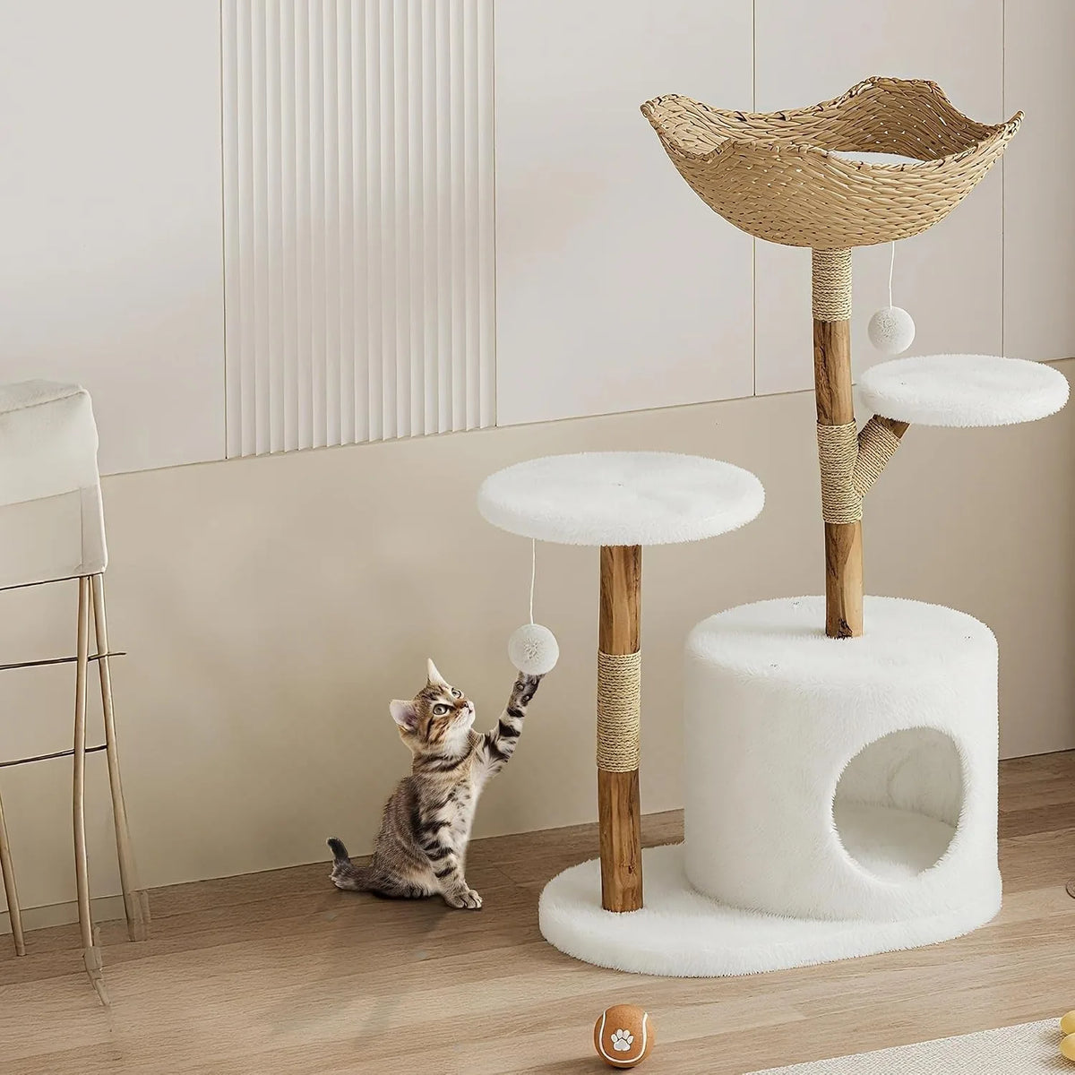 Wooden Rattan Multi Level Cat Tree Tower With Indoor Perches