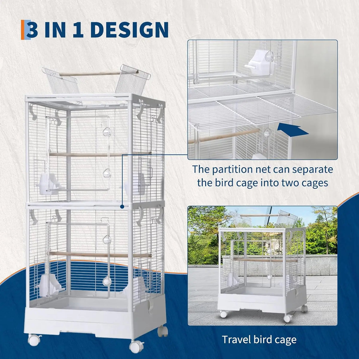 HiMISS Play Top Rolling Bird Cage With Adjustable Dividers