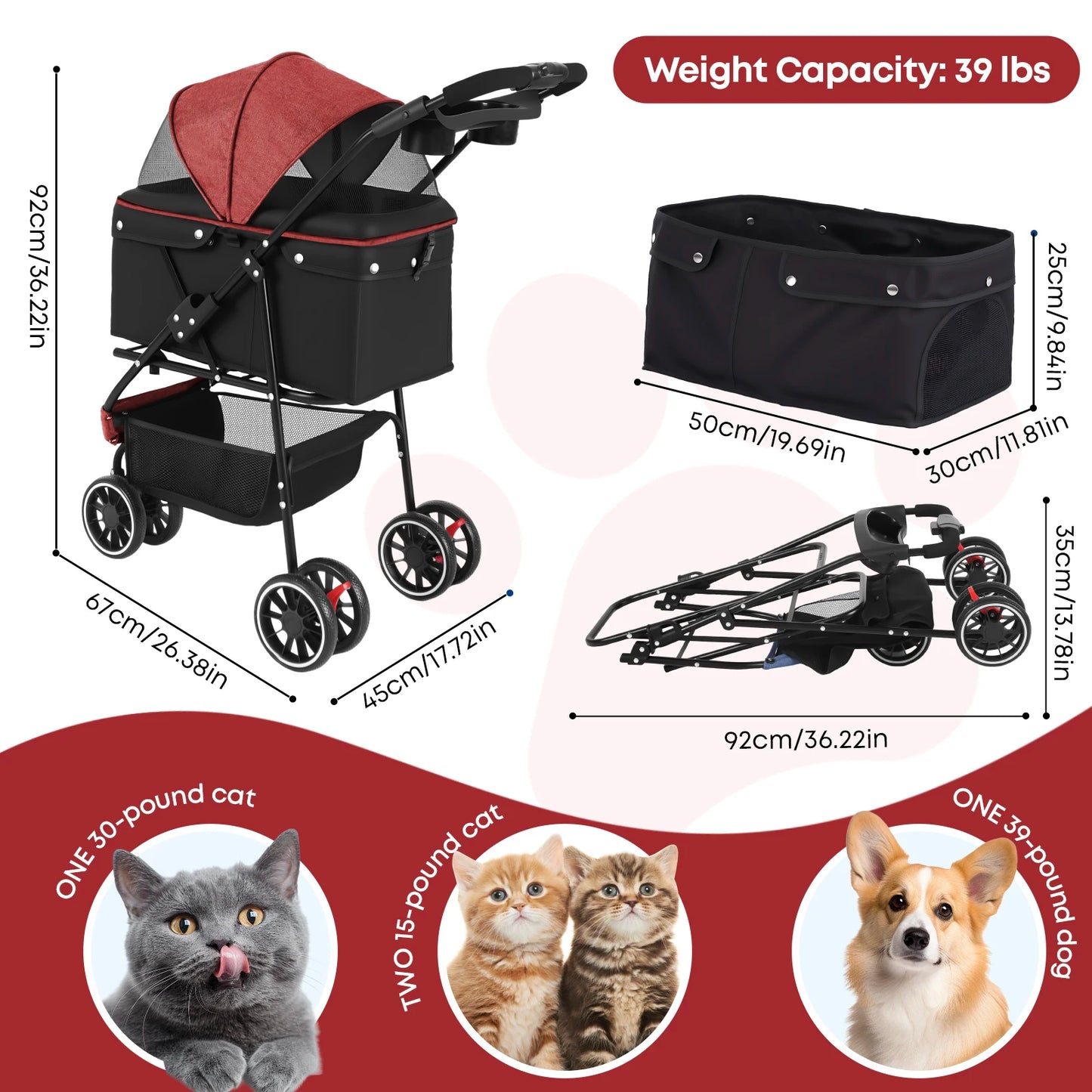 CHIHUAHUA Pet Stroller For Cats And Dogs Three Wheel Foldable