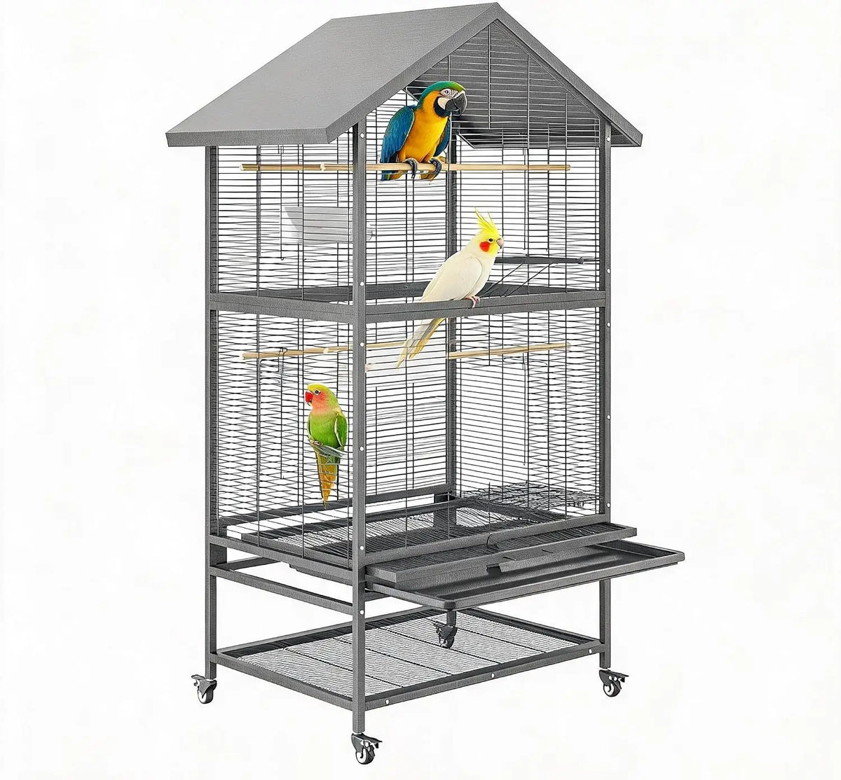 Wrought Iron Bird Cage With Rolling Stand And Dual Compartments