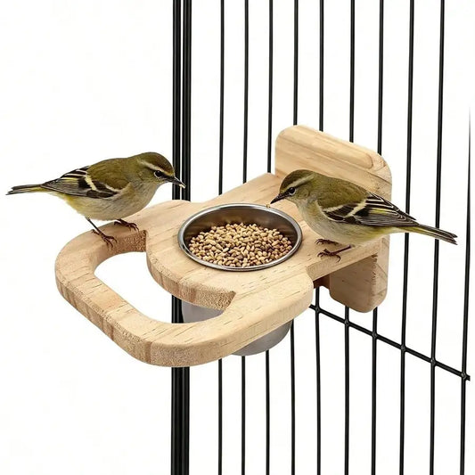 Hanging Stainless Steel Bird Feeding Cup With Wooden Perch Platform