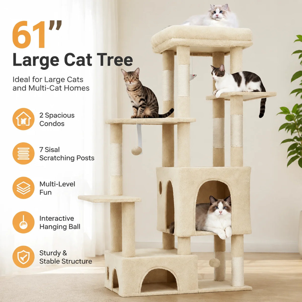 Multi Level Cat Tree With Scratching Posts And Hanging Toys