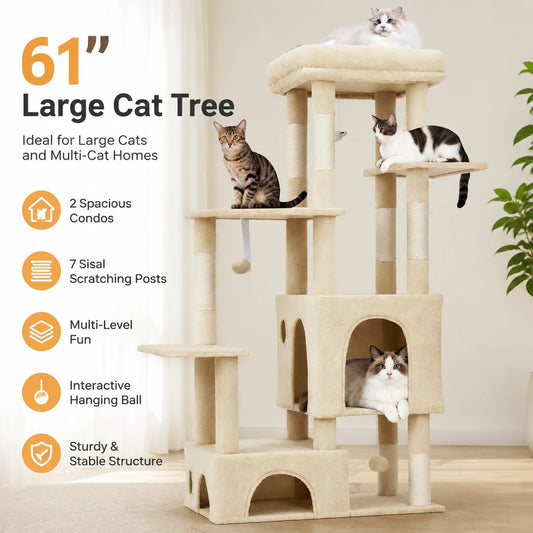 Multi Level Cat Tree With Scratching Posts And Hanging Toys
