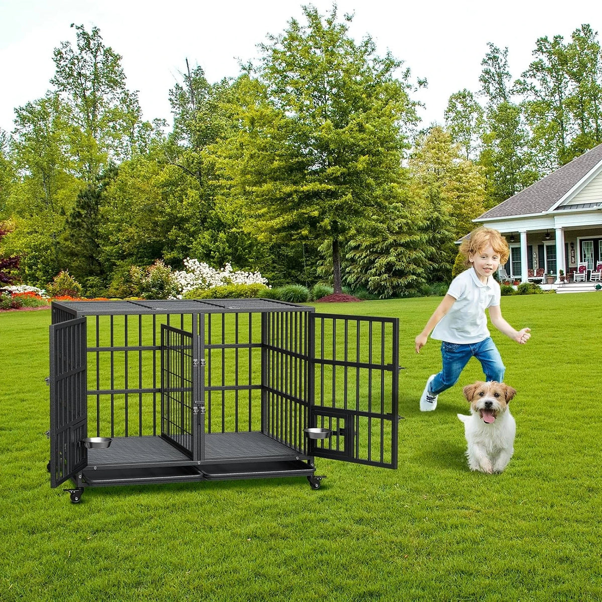 Heavy Duty Metal Dog Crate With Double Door And Wheels