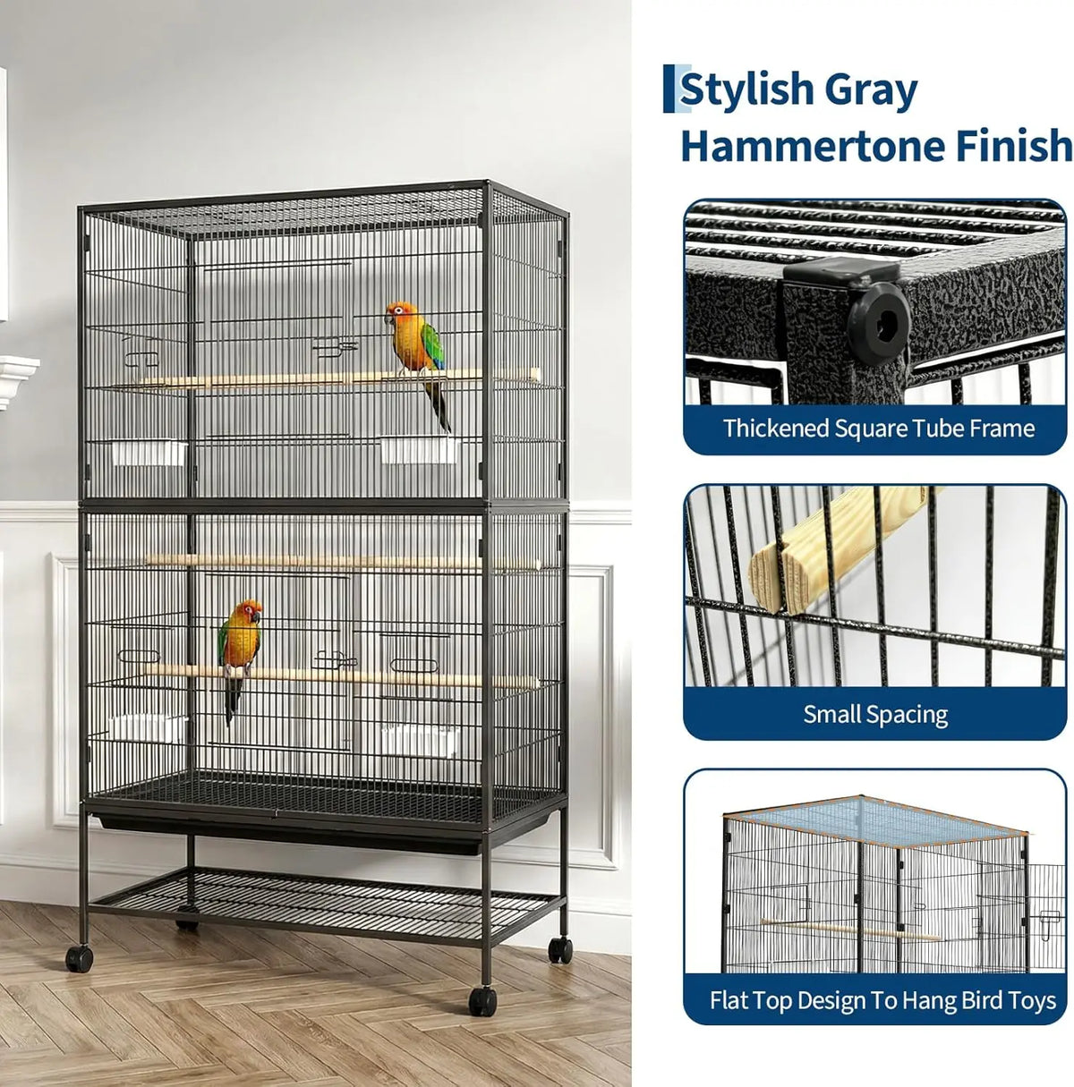 HiMISS Large Bird Cage With Rolling Stands And Feed Bowls
