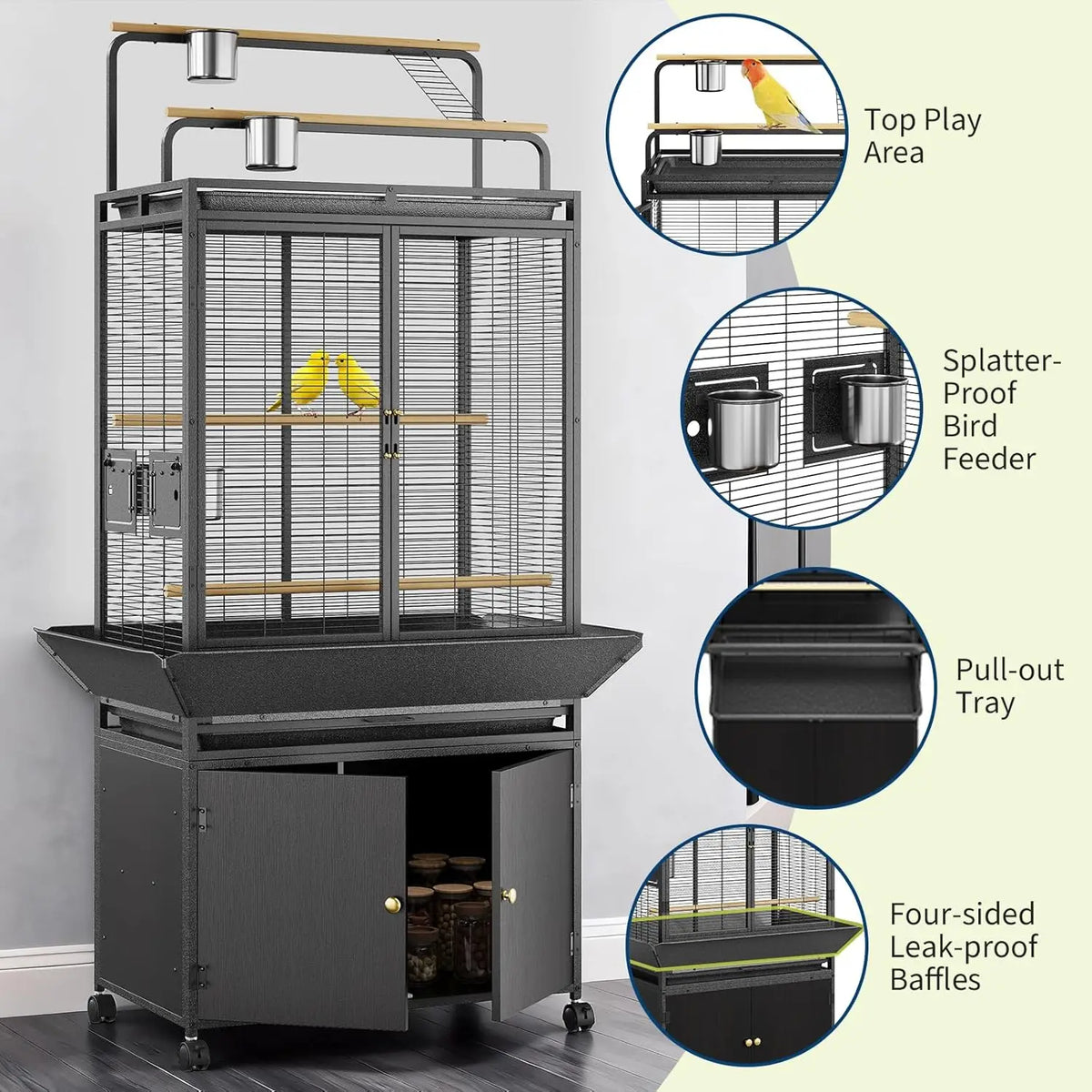 HiMISS Bird Cage With Rolling Wheels And Wooden Play Top