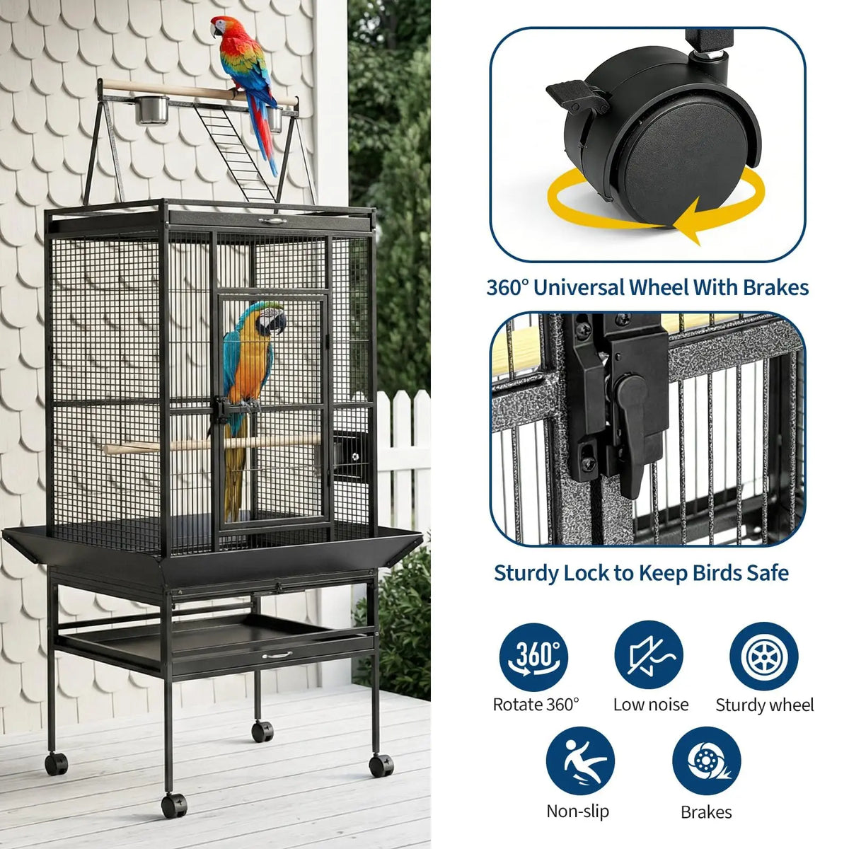 HiMISS Metal Parrot Cage With Rolling Stand And Play Top