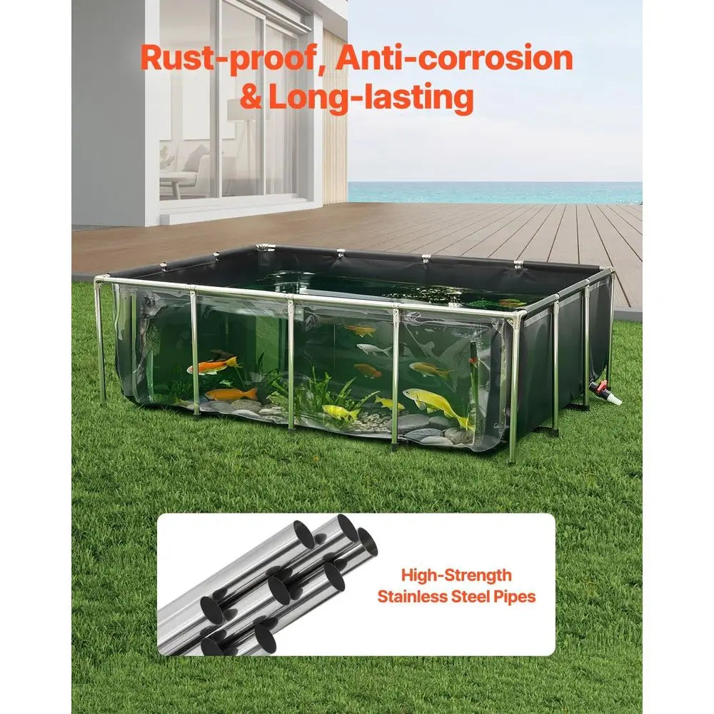 Fish Pond, 470 Gal Above Ground Fish Pond, PVC Koi Tank with Clear Viewing Panel, Rectangular Goldfish Tank with Stainless Steel