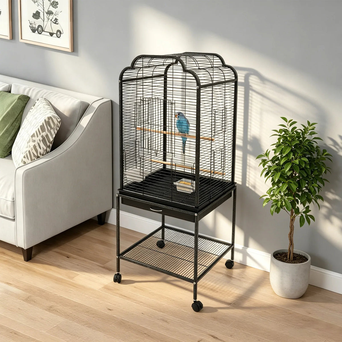 Rolling Bird Cage With Wheels Storage Shelf And Pullout Tray