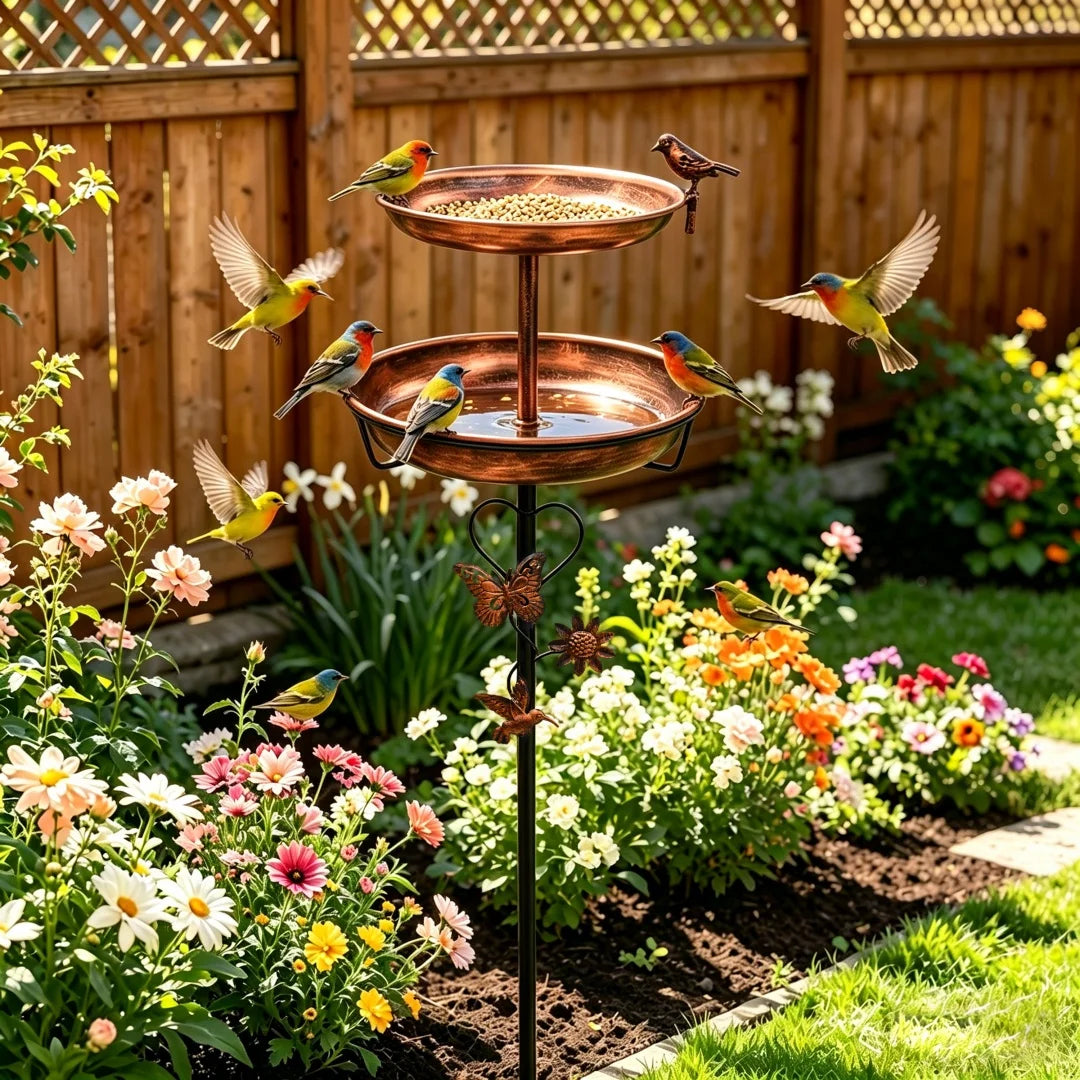 Freestanding Double Layer Bird Feeder With Bird Bath Stand