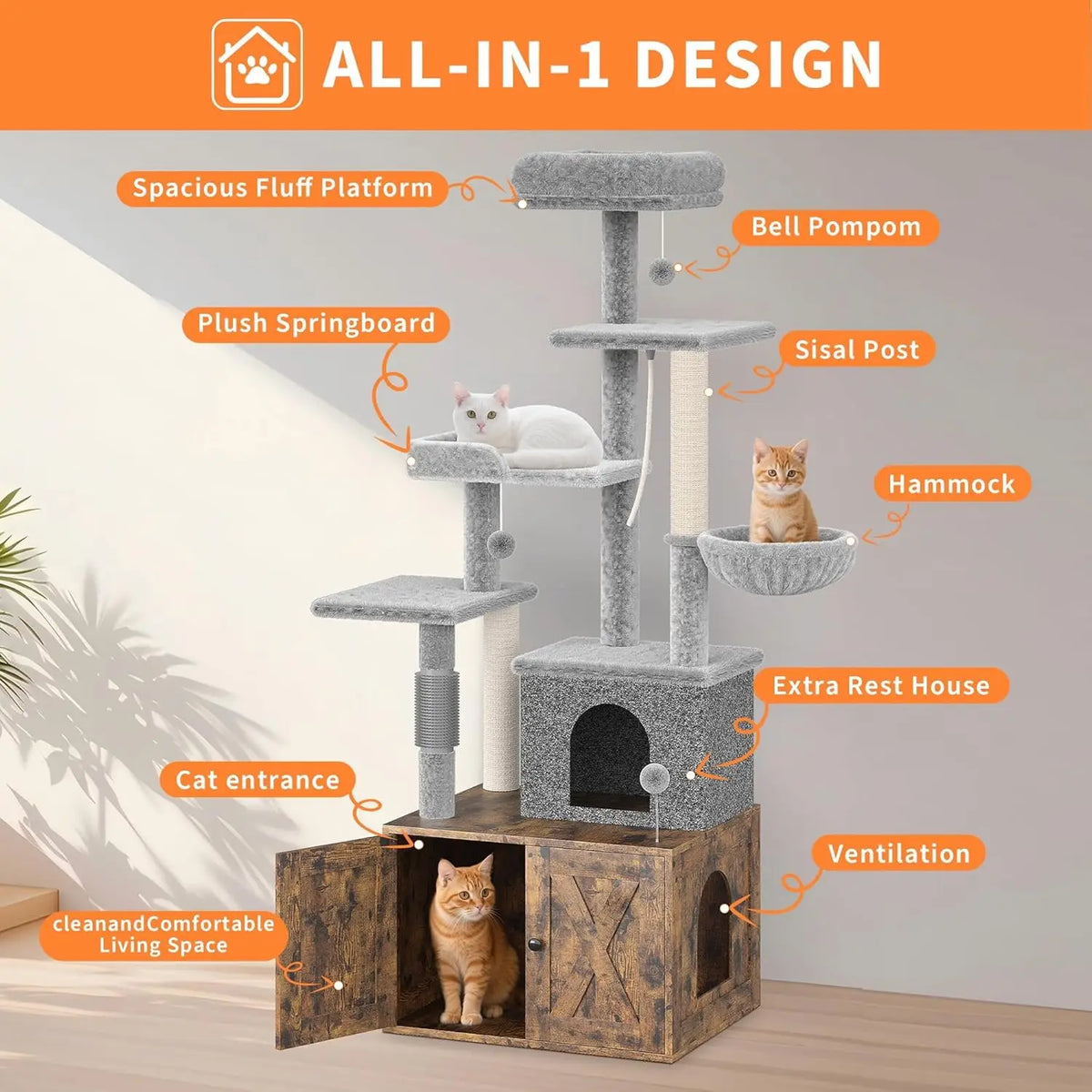 HiMISS Wooden Cat Tree With Litter Box Enclosure And Hammock