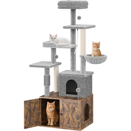 HiMISS Wooden Cat Tree With Litter Box Enclosure And Hammock