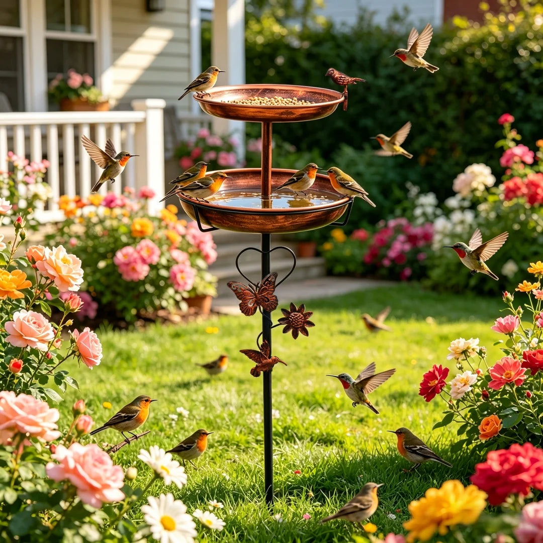 Freestanding Double Layer Bird Feeder With Bird Bath Stand