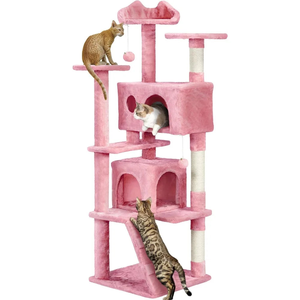 Yah 54in Cat Tree,Multi-Level Tower with Kitten-Ear Perch,2 Caves,Scratching Posts,Ladder,2 Plush Balls for Indoor Cats