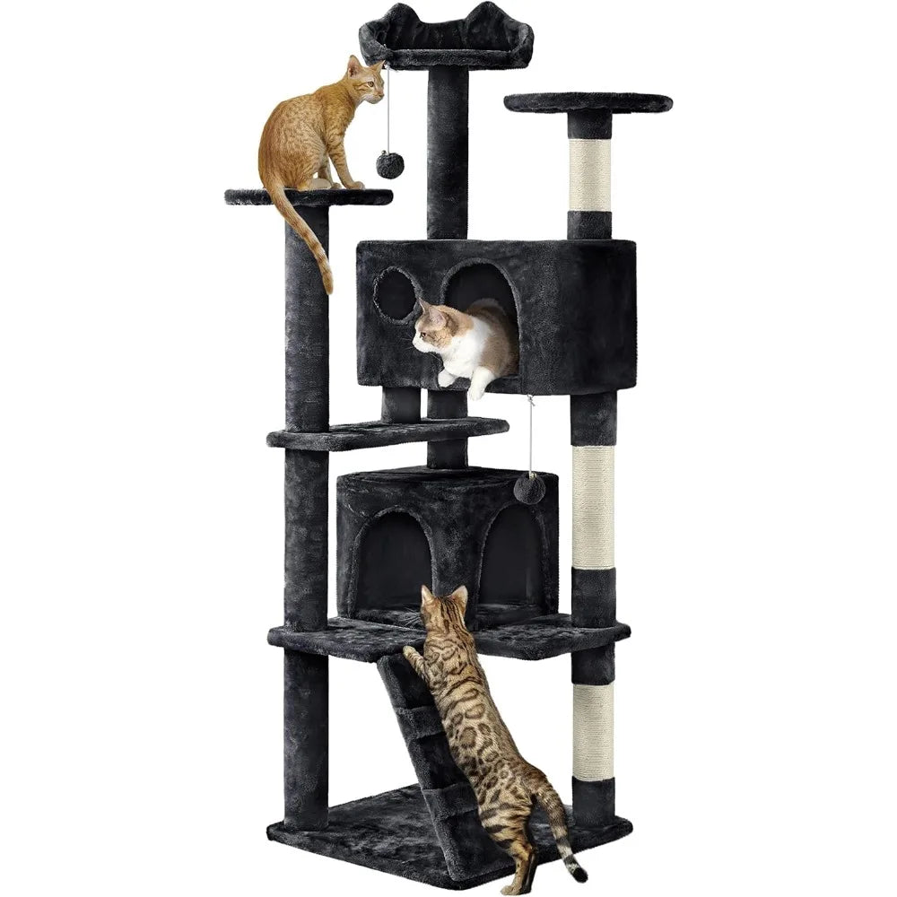Yah 54in Cat Tree,Multi-Level Tower with Kitten-Ear Perch,2 Caves,Scratching Posts,Ladder,2 Plush Balls for Indoor Cats